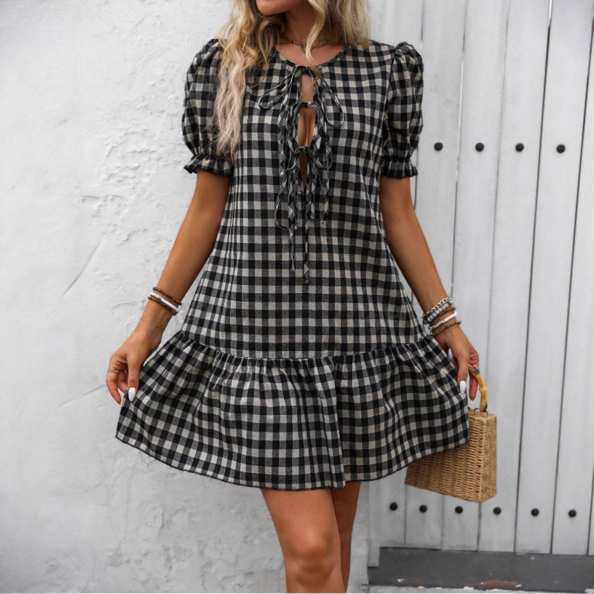 Plaid Drawstring Puff Sleeve Bohemian Dress