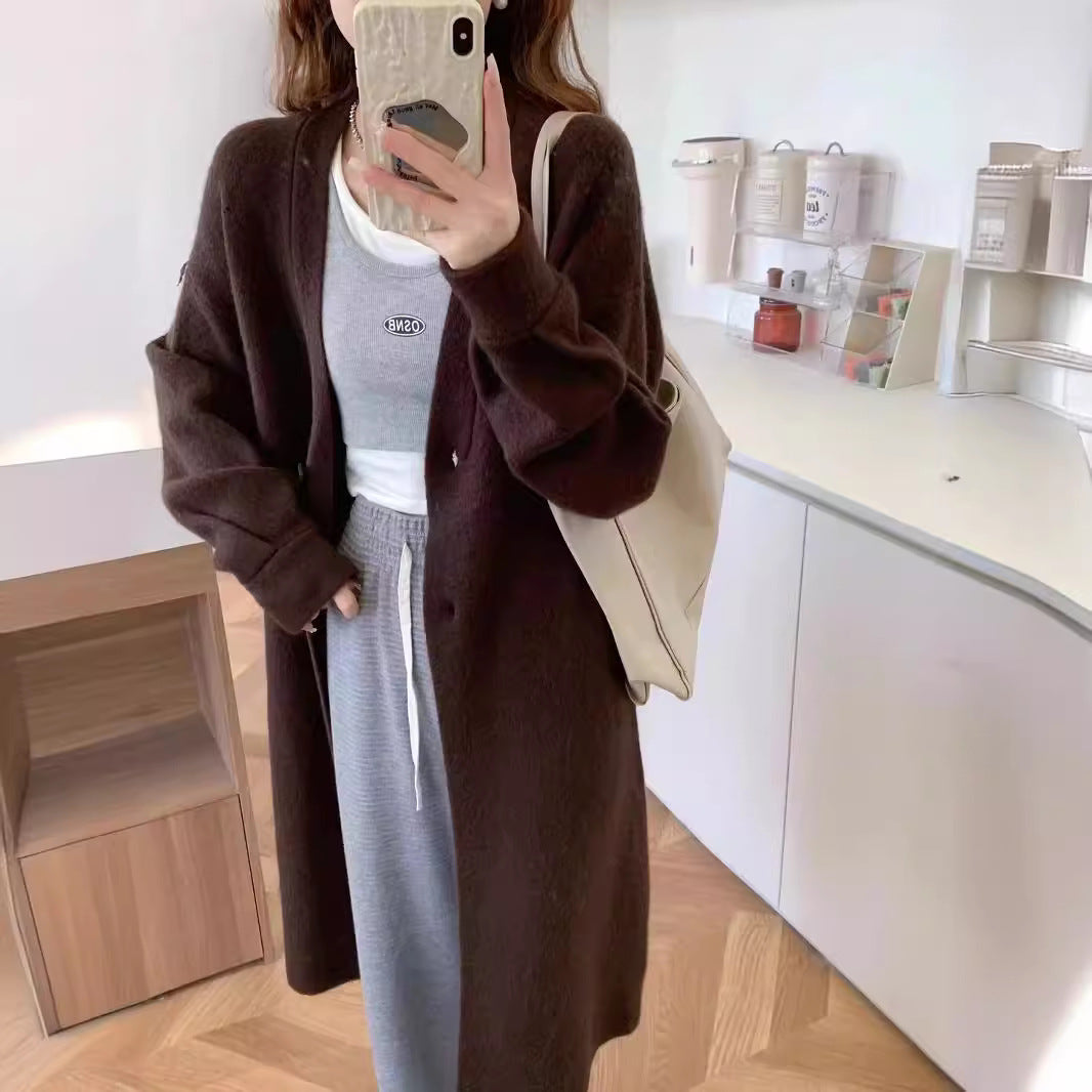 Button Solid Color Long Knitted Cardigan Sweater Coat
