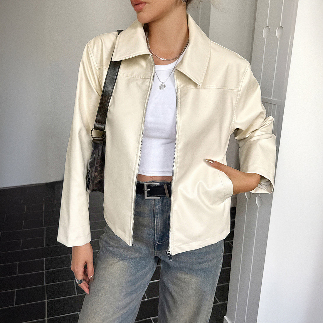 Long Sleeve Leather Coat Women's Clothing