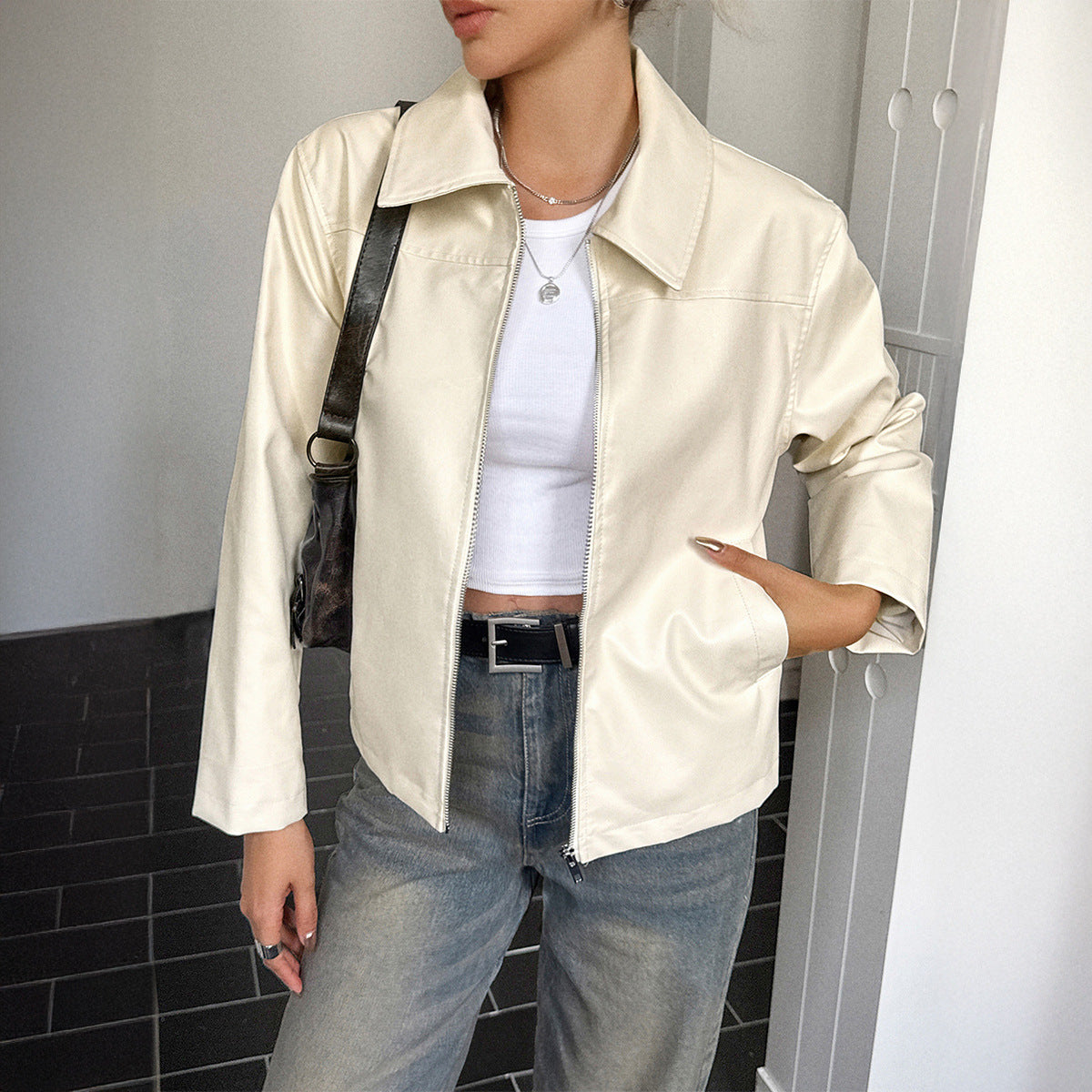Long Sleeve Leather Coat Women's Clothing