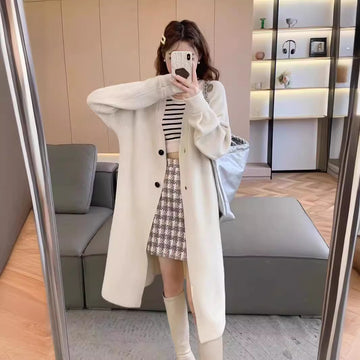 Button Solid Color Long Knitted Cardigan Sweater Coat