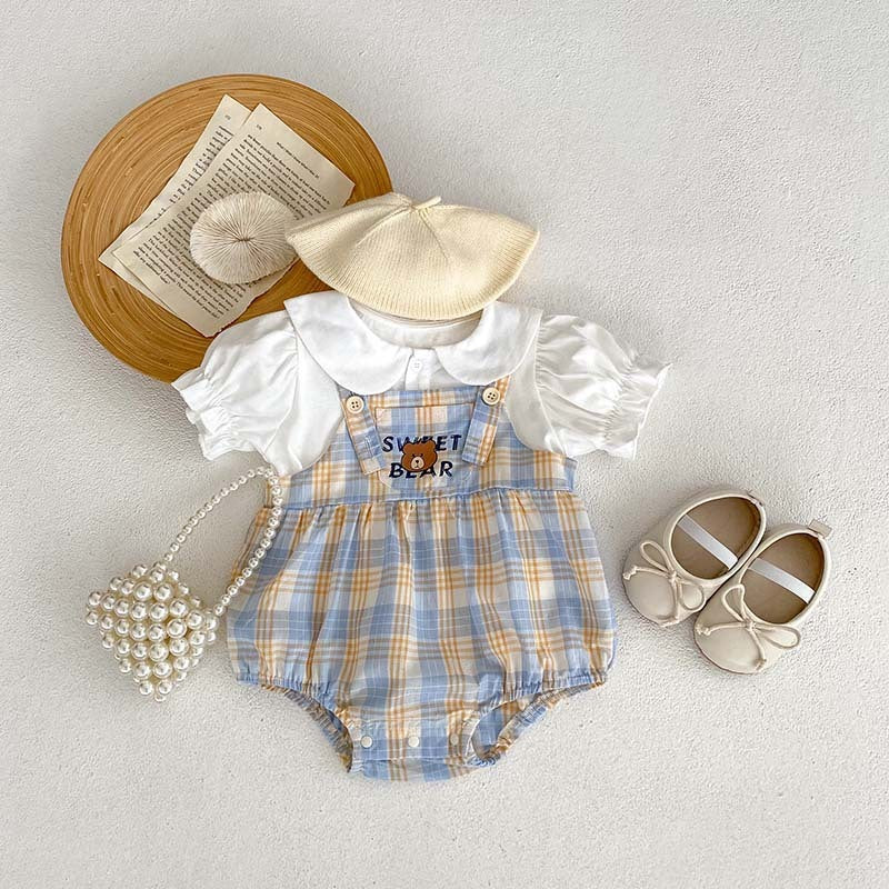 Baby Short Sleeve Two-piece Thin Bear Plaid Romper Climbing Clothing
