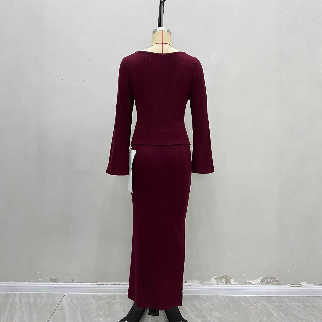 Square Collar Short Shirt Buckle Fashion Burgundy Knitted Two-piece