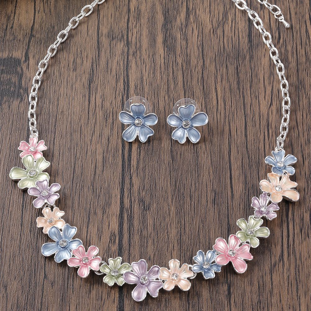 Zinc Alloy Flower Stitching Colorful Oil Exquisite Inlaid Design Necklace Eardrop Set