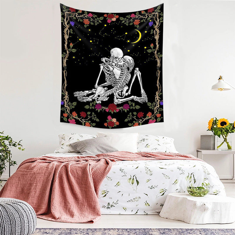 Black And White Skull Rose Lovers Home Decor Tapestry