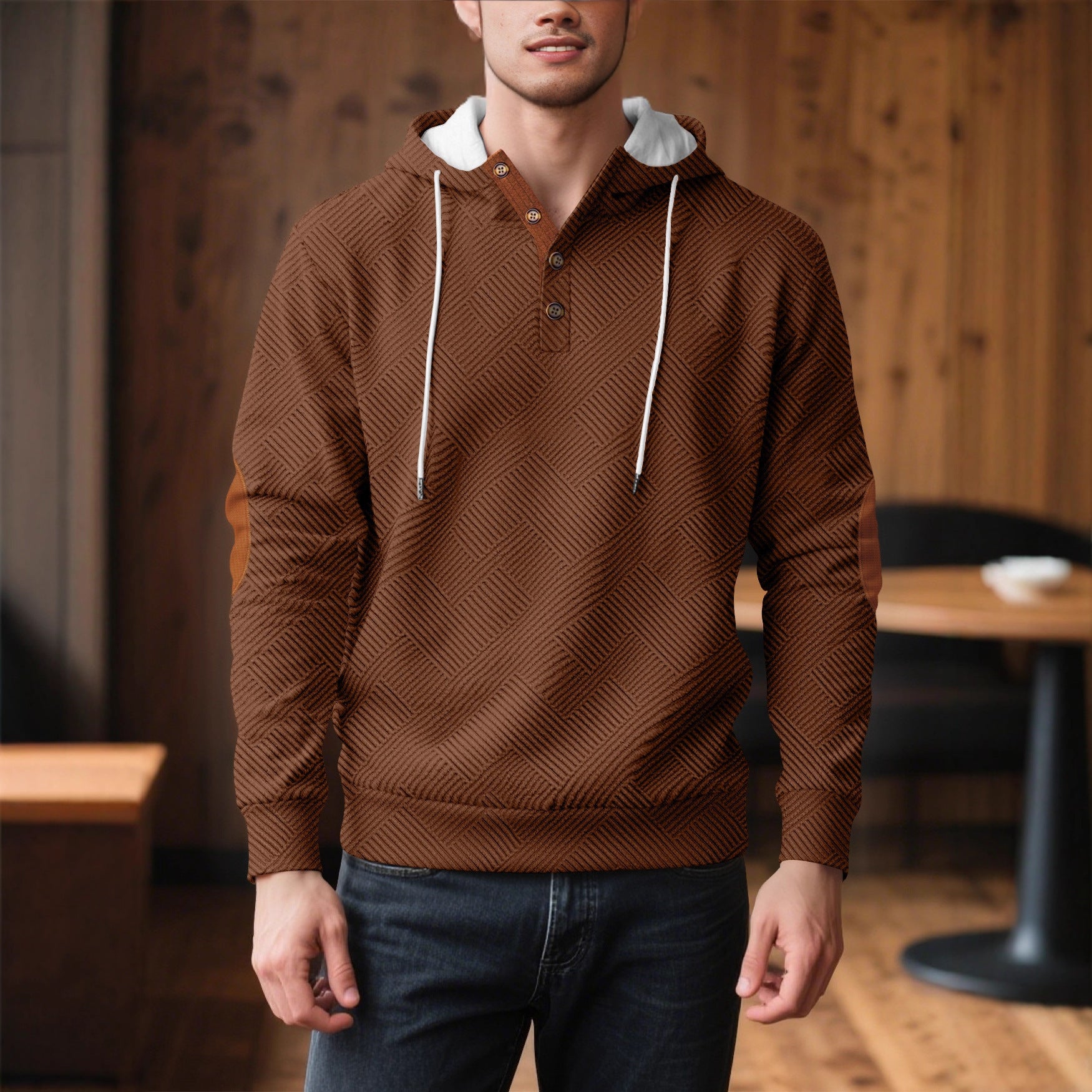Men's Solid Color Jacquard Hooded Sweater Loose Sports And Leisure Coat