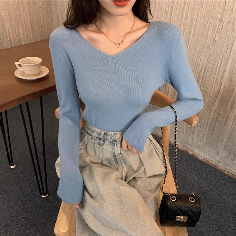 Core-spun Yarn Slim V-neck Long Sleeve Inner Wear Sweater