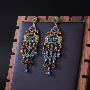 Retro Affordable Luxury Peacock Stud Earrings Diamond Colored Glass Tassel Jewelry