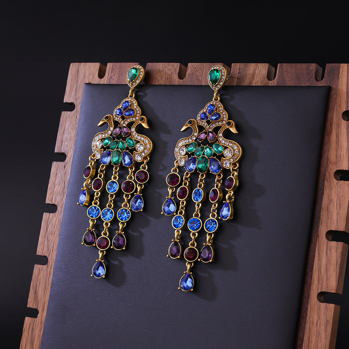Retro Affordable Luxury Peacock Stud Earrings Diamond Colored Glass Tassel Jewelry