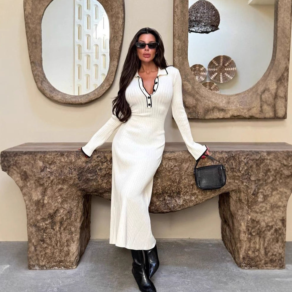 Women's Long-sleeved Lapel Contrast Color Knitted Fallwinter Sweater Dress