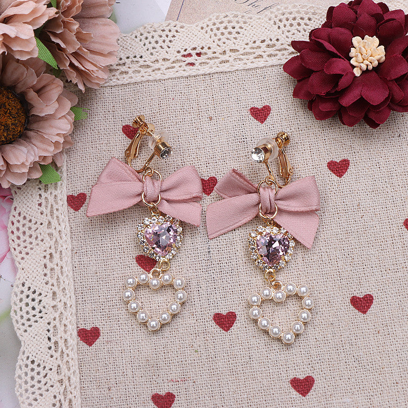 Japanese Style Sweet And Cute Bow For Cute Girl Rhinestone Earrings