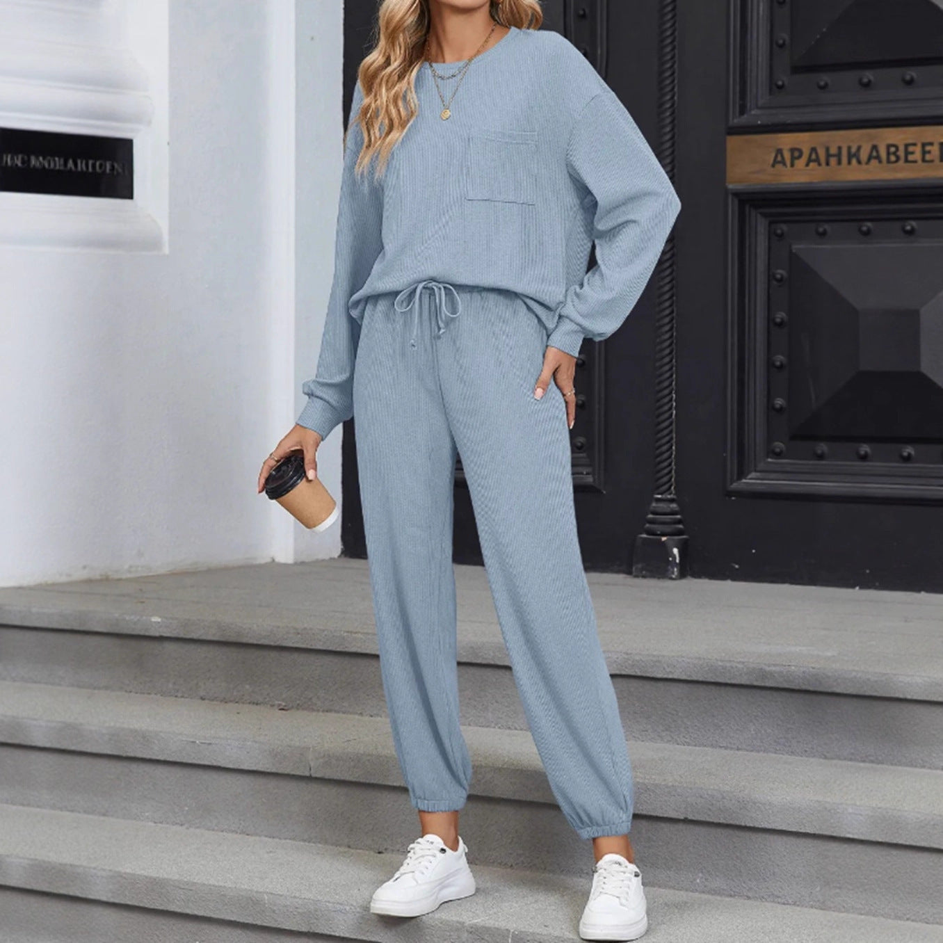 New Solid Color Knitting Belt Pocket Long Sleeve Top And Trousers Two Pieces