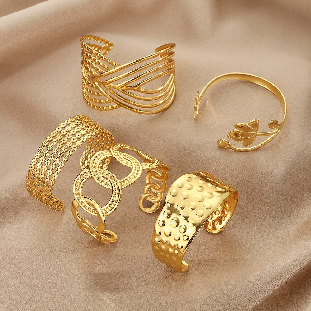 Stainless Steel Bracelet Lotus Shape Ring Large Glossy Stripes