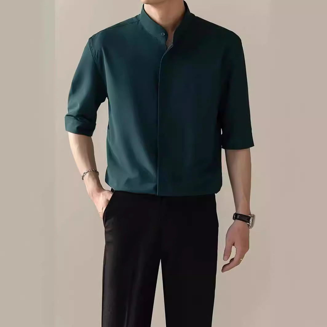 Thin Stand Collar Short Sleeve Shirt Men's Half Sleeve Shirt