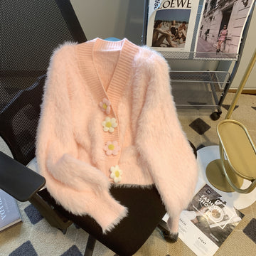 Women's Mink Fur Knitted Three-dimensional Flower V-neck Sweater Coat