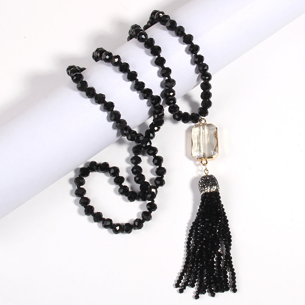 Crystal Glass Necklace Square Glass With Glass Tassel Necklace Sweater Chain