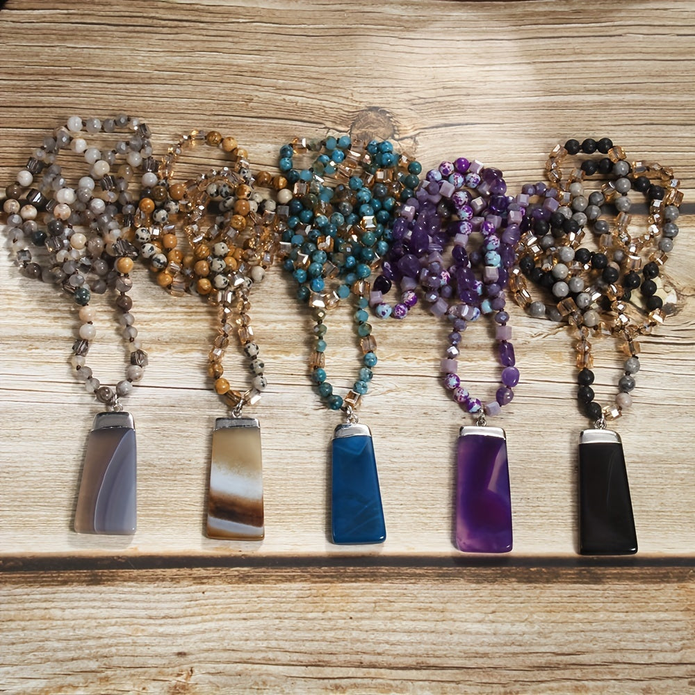Bohemian Style Natural Semi-precious Stone Mixed Glass Square Agate Pendant Women's Sweater Chain