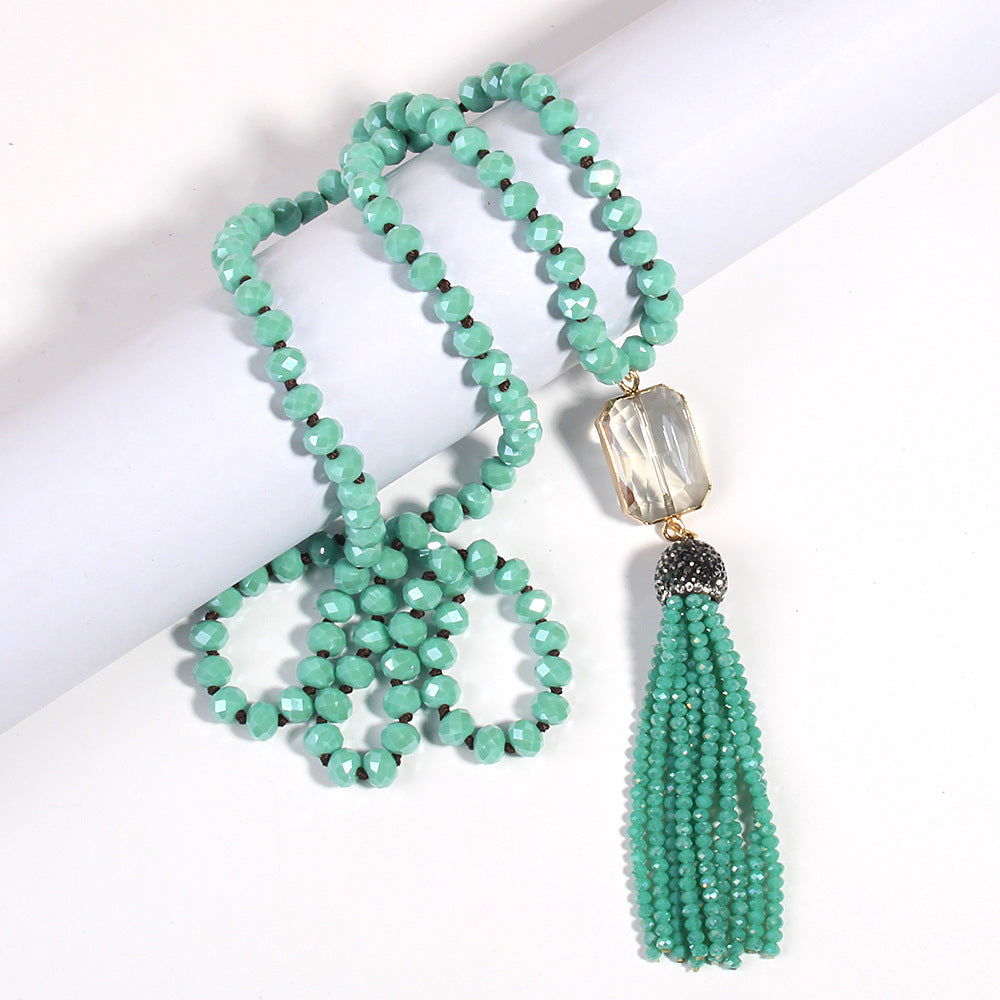 Crystal Glass Necklace Square Glass With Glass Tassel Necklace Sweater Chain