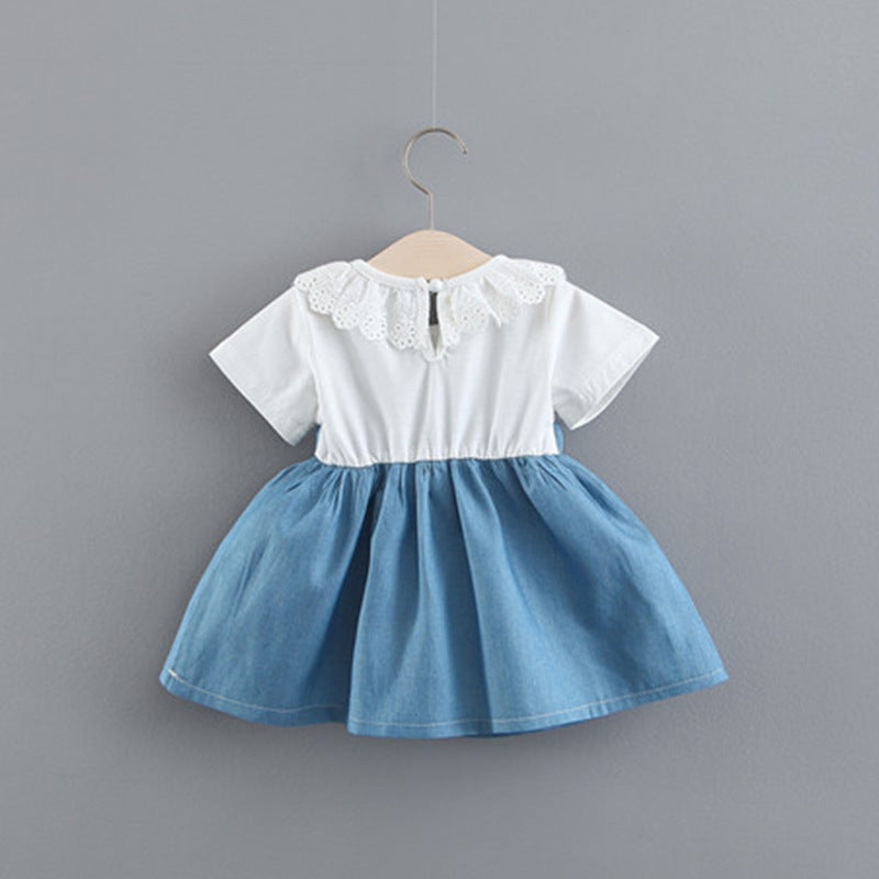 Summer Children Shirt New Solid Color Rabbit Ears Denim Fake Two-piece Skirt Female Children Children's Clothing