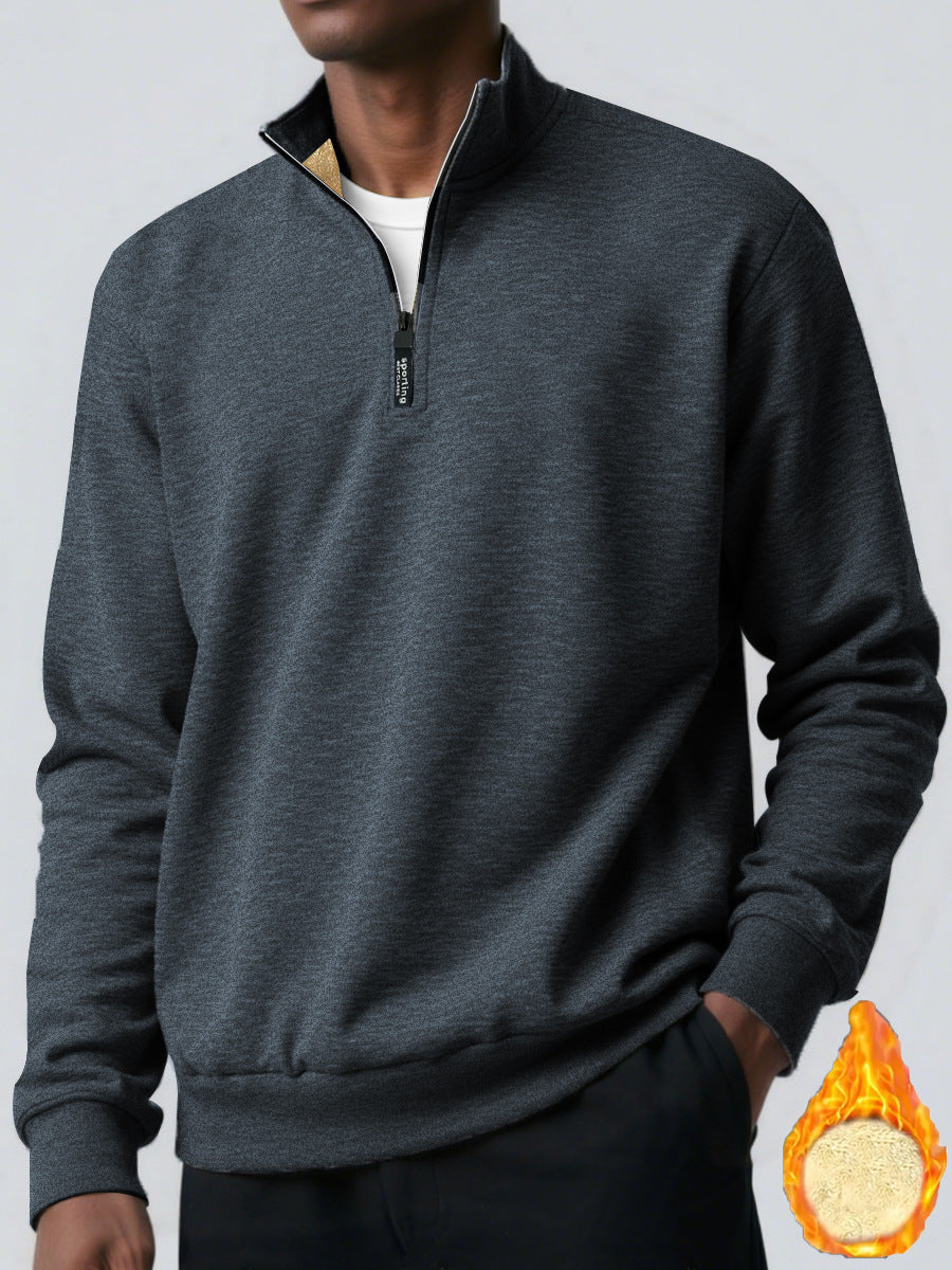 Men's Brushed Hoody Placket Zipper Design Solid Color Turtleneck Coat