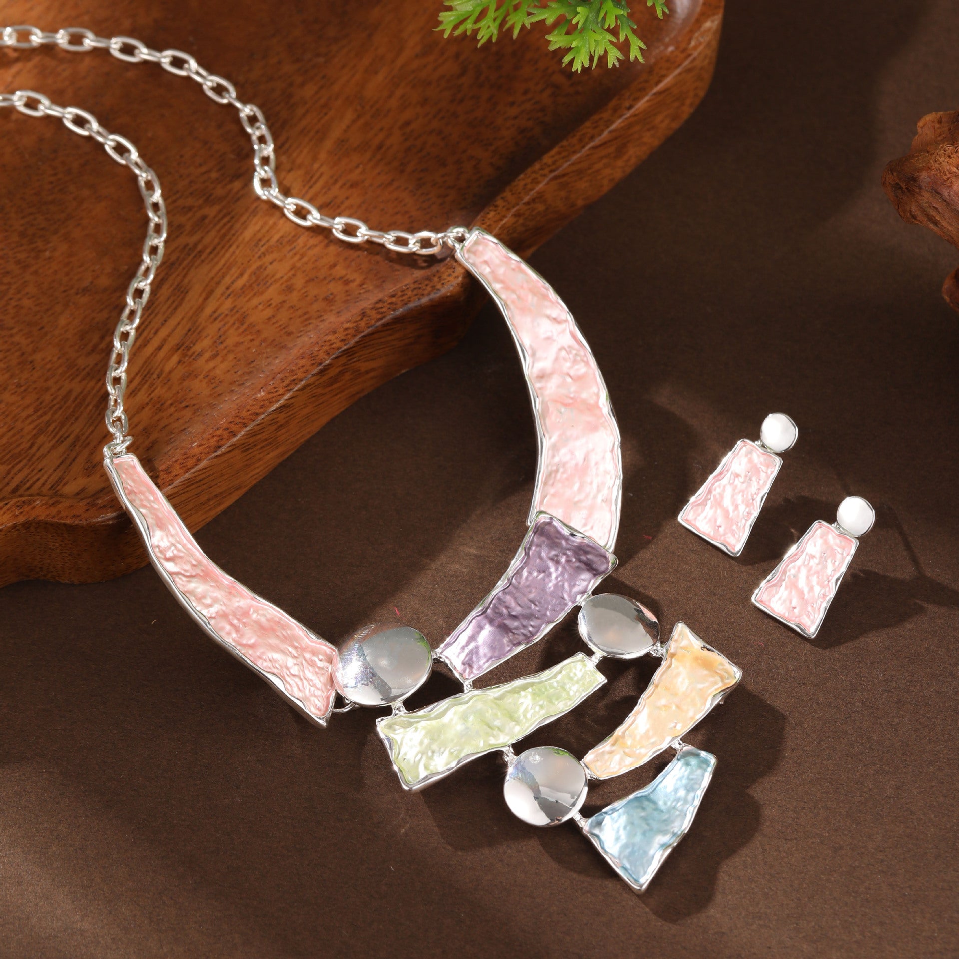 Color Painting Oil Hollow Geometry Lines Earrings And Necklace Set