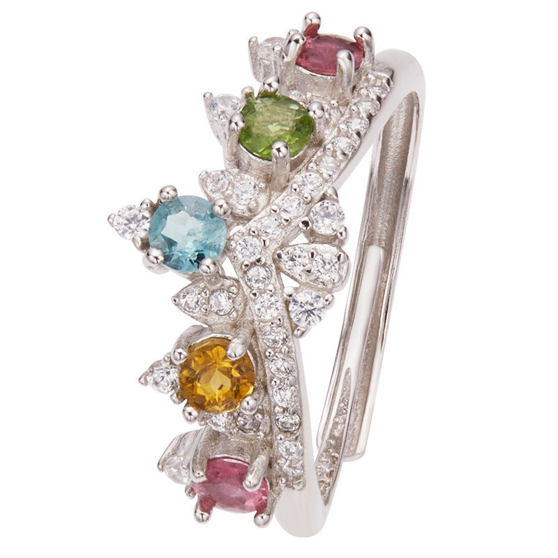 S925 Sterling Silver Crown Rainbow Tourmaline Ring
