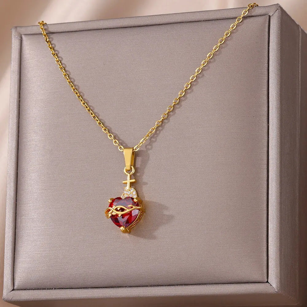 New Heart-shaped Cross Zircon Necklace Red Pendant Female Personality