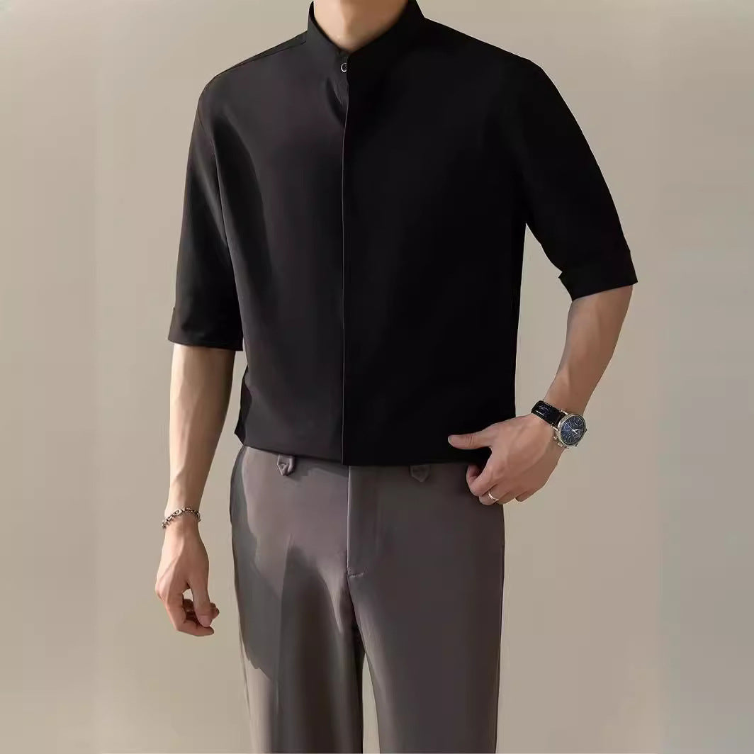 Thin Stand Collar Short Sleeve Shirt Men's Half Sleeve Shirt