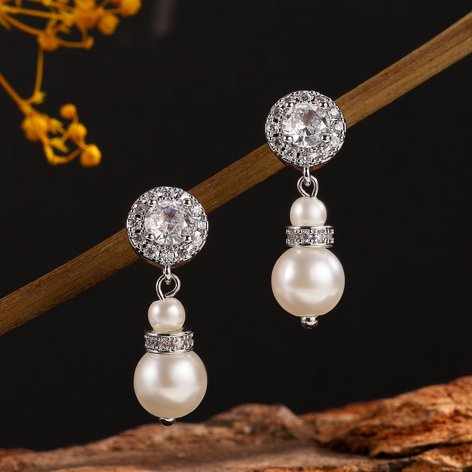 Round Full Diamond Pearl Stud Earrings For Women