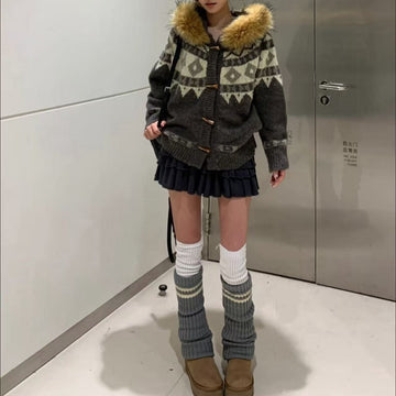 Jacquard Detachable Fur Collar Sweater For Women