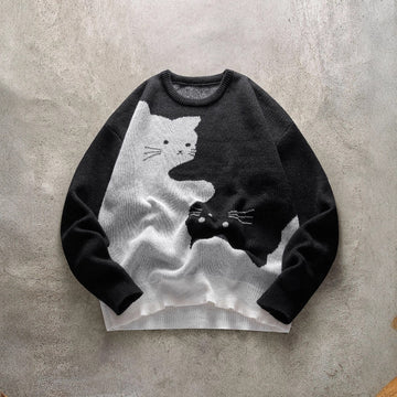 Men's Cat Pattern Round Neck Knitted Sweater