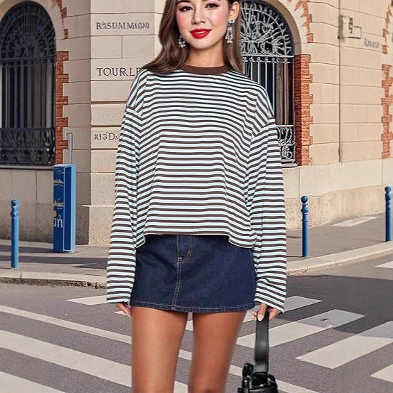 Casual Loose All-match Retro Contrast Color Striped Long-sleeved Top