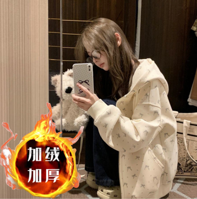 Floral Hooded Cardigan Fleece Padded Coat Women