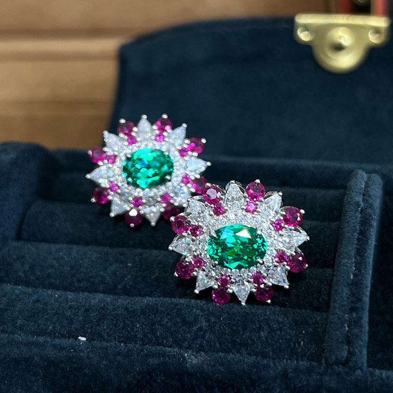 Colorful Stud Earrings Female Flower Geometric Design Ornaments Oval Zircon Style
