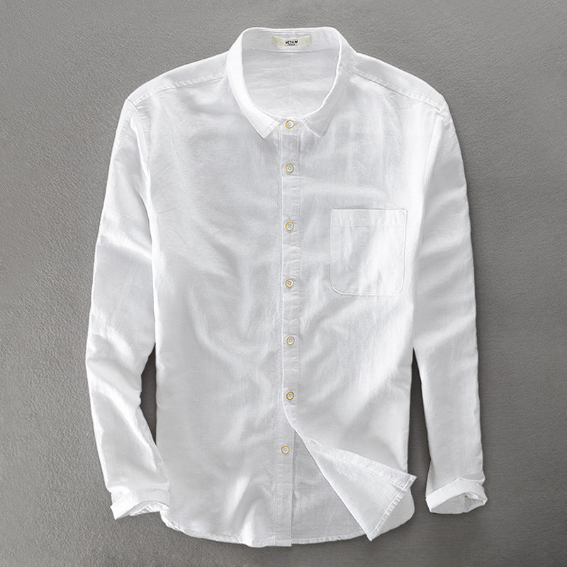 Spring And Autumn Men's Solid Color Long Sleeve Linen Shirt Cotton Linen Fabric