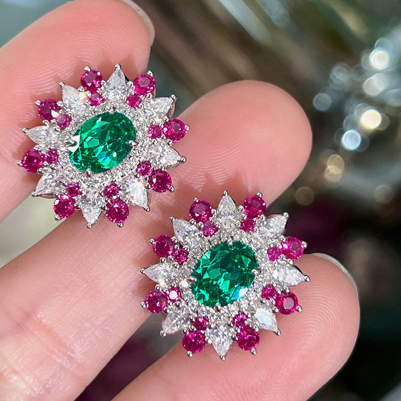 Colorful Stud Earrings Female Flower Geometric Design Ornaments Oval Zircon Style