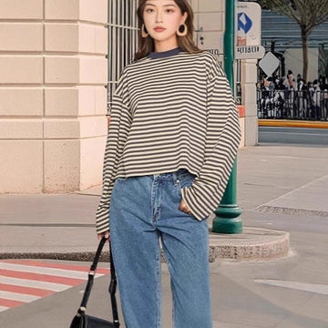 Casual Loose All-match Retro Contrast Color Striped Long-sleeved Top