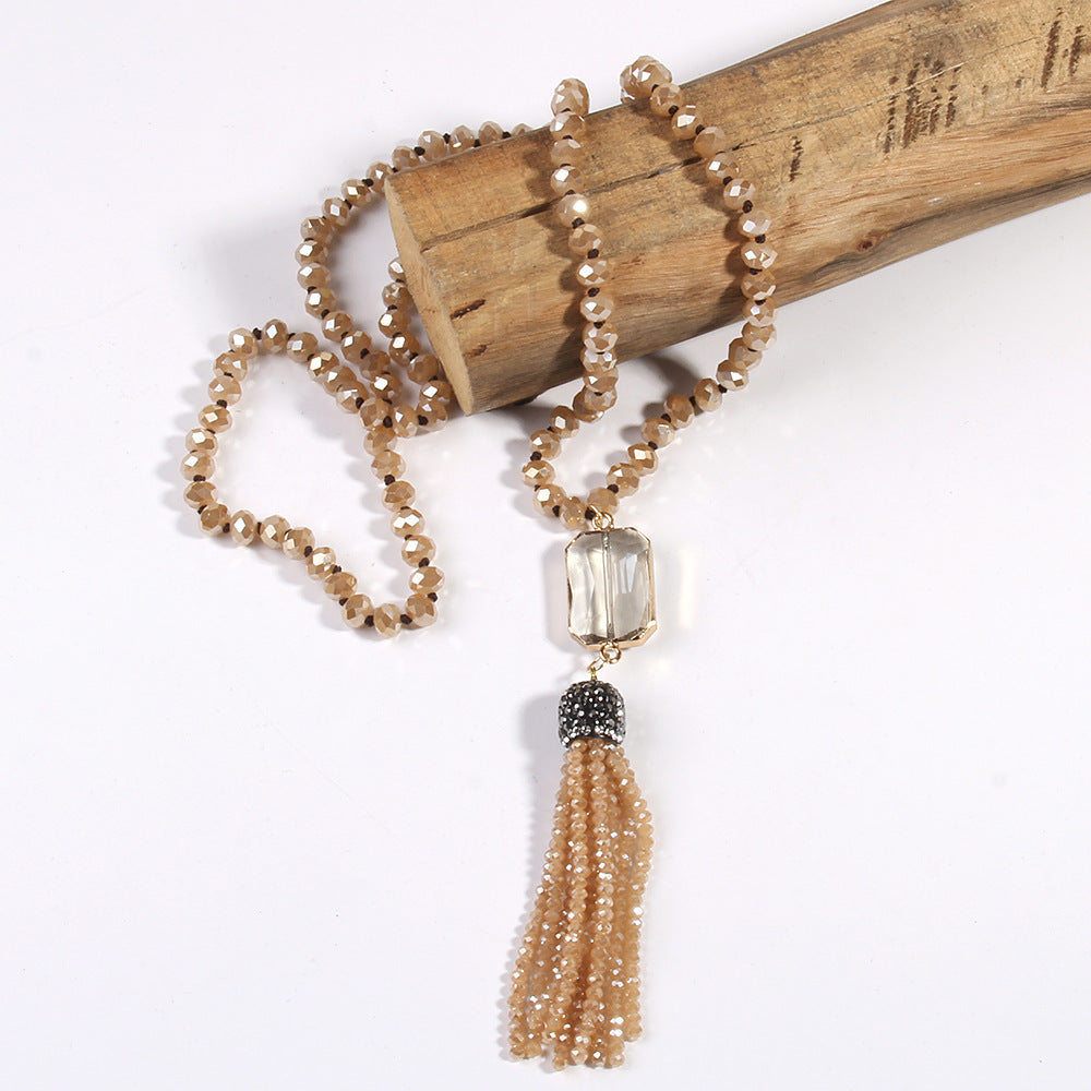 Crystal Glass Necklace Square Glass With Glass Tassel Necklace Sweater Chain