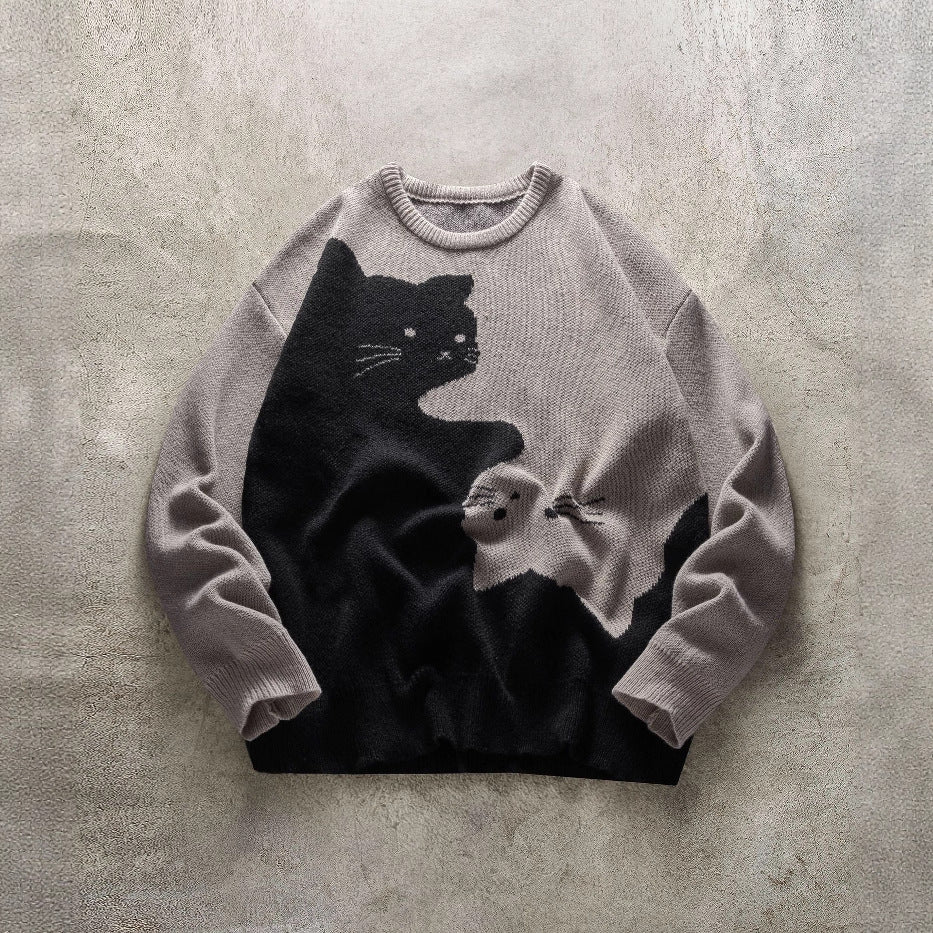 Men's Cat Pattern Round Neck Knitted Sweater