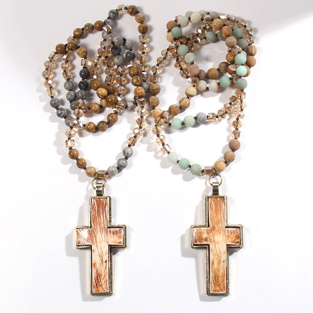 Glass Knotted Resin Cross Pendant Necklace Sweater Chain