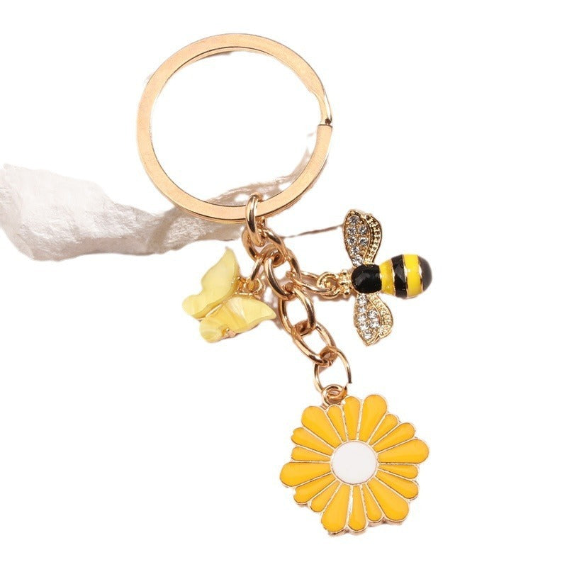 Handmade Dripping Oil Cute Little Bee Flower Keychain