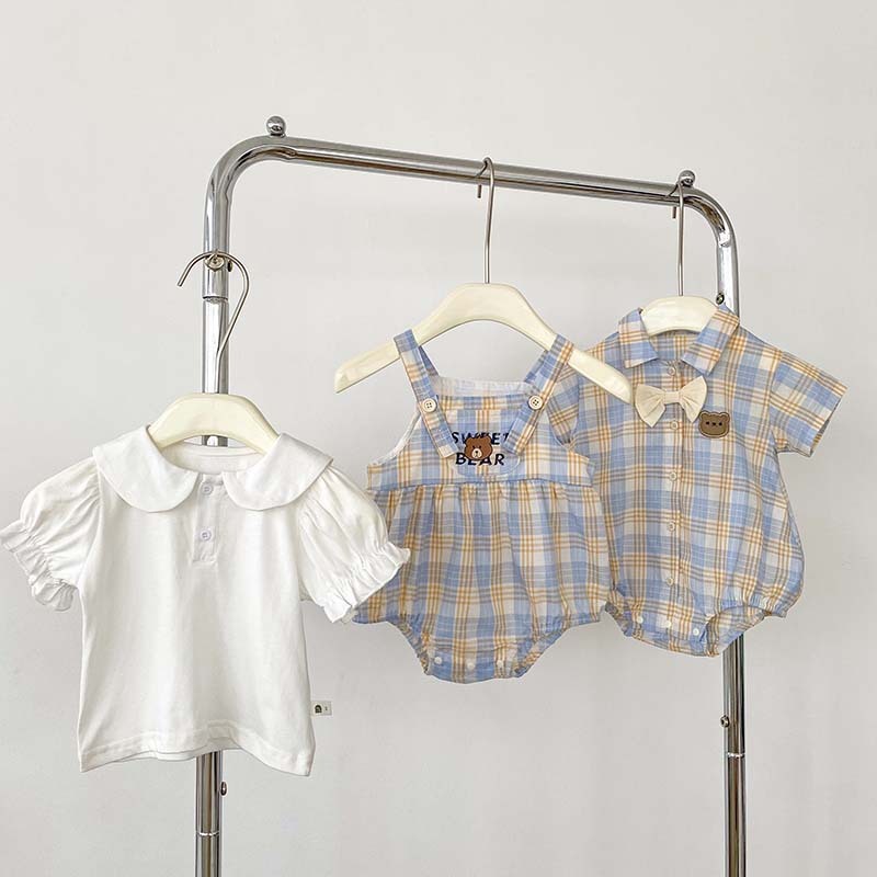 Baby Short Sleeve Two-piece Thin Bear Plaid Romper Climbing Clothing