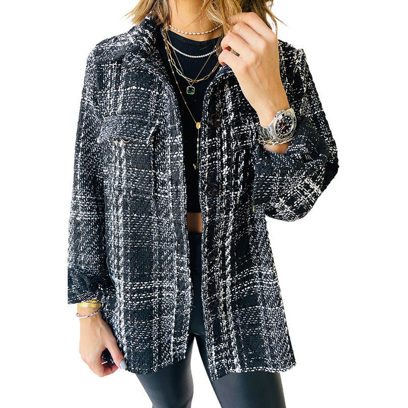 Women's Lapel Loose Button Long Sleeve Plaid Jacket