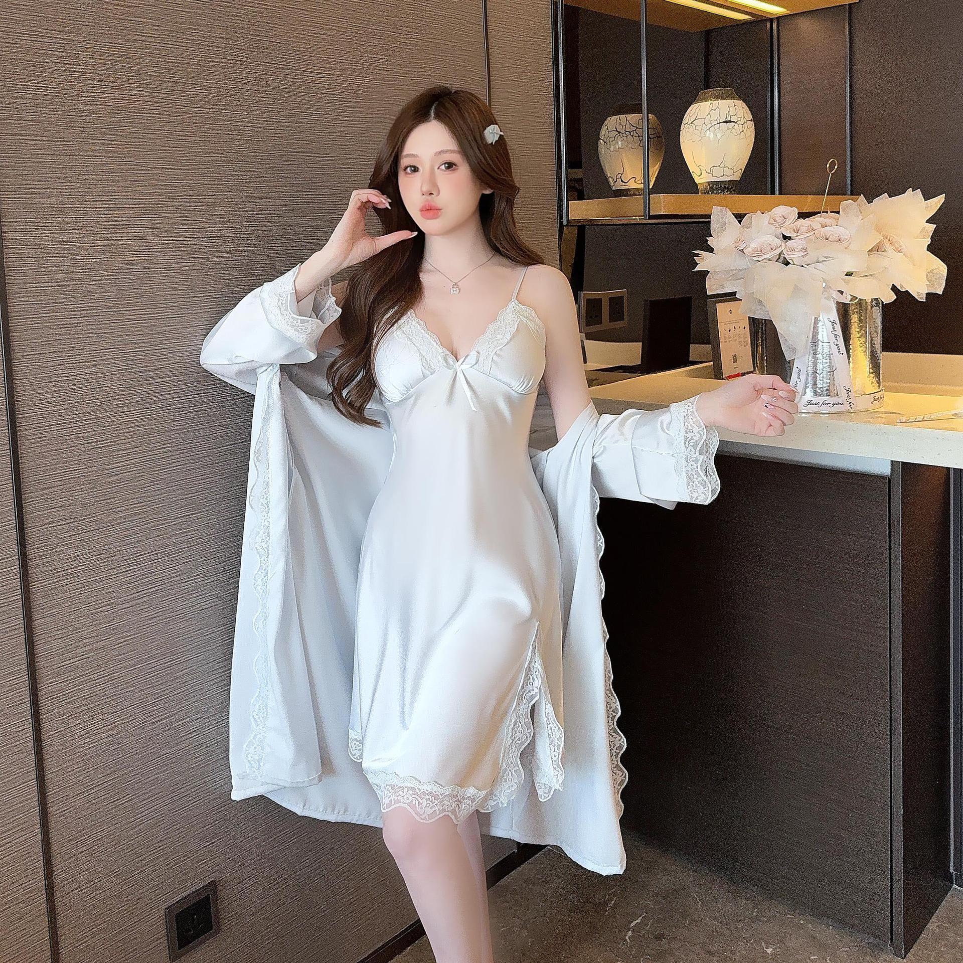 Women's Ice Silk Pajamas With Chest Pad Thin Robe Nightdress Two-piece Suit