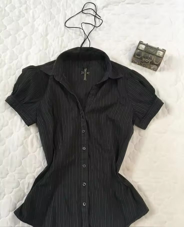 Graceful Collar Lapel Pleated Single-breasted Slim Fitted Waist Striped Solid Color Shirt