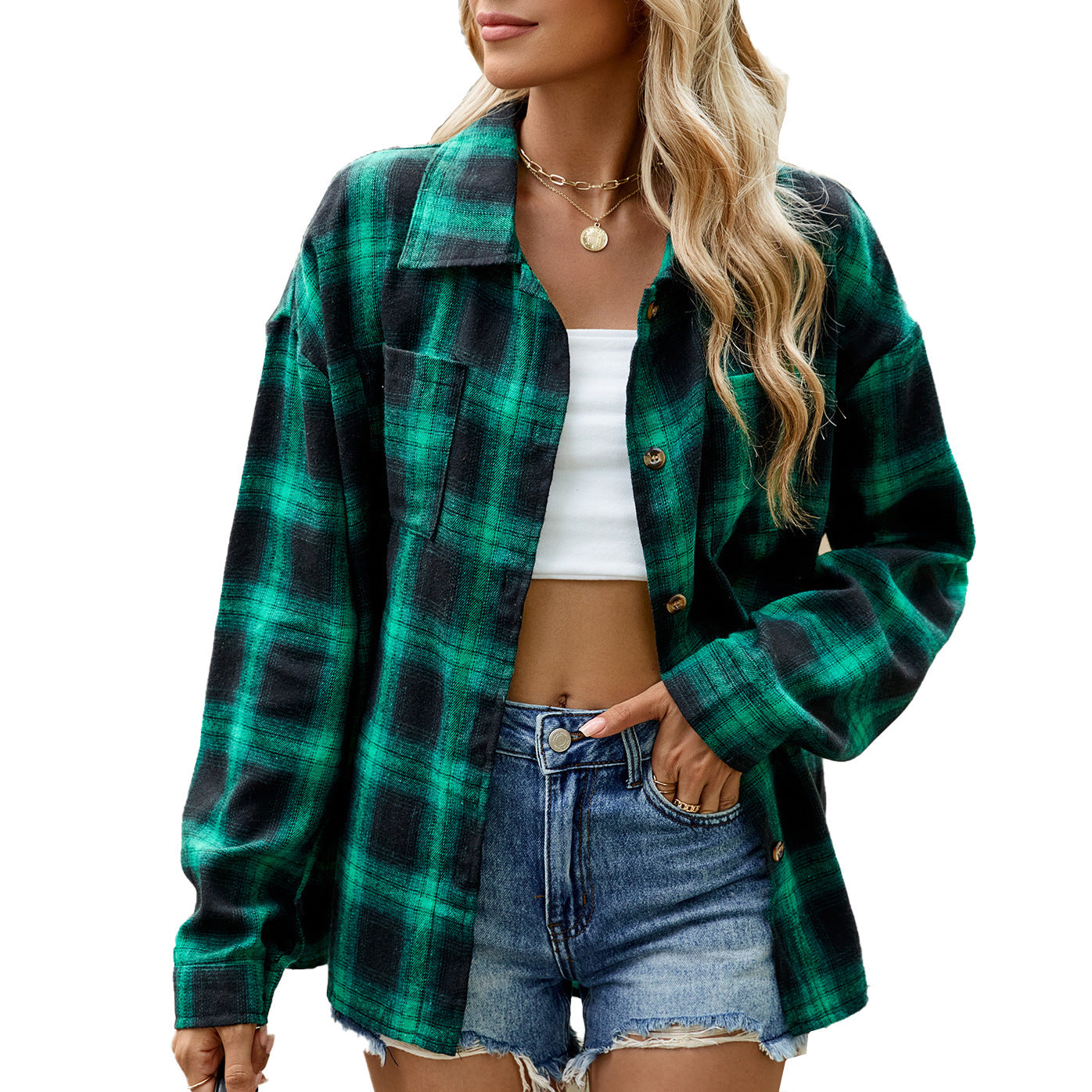 Wool Striped Long Sleeve Style Shirt Coat Women