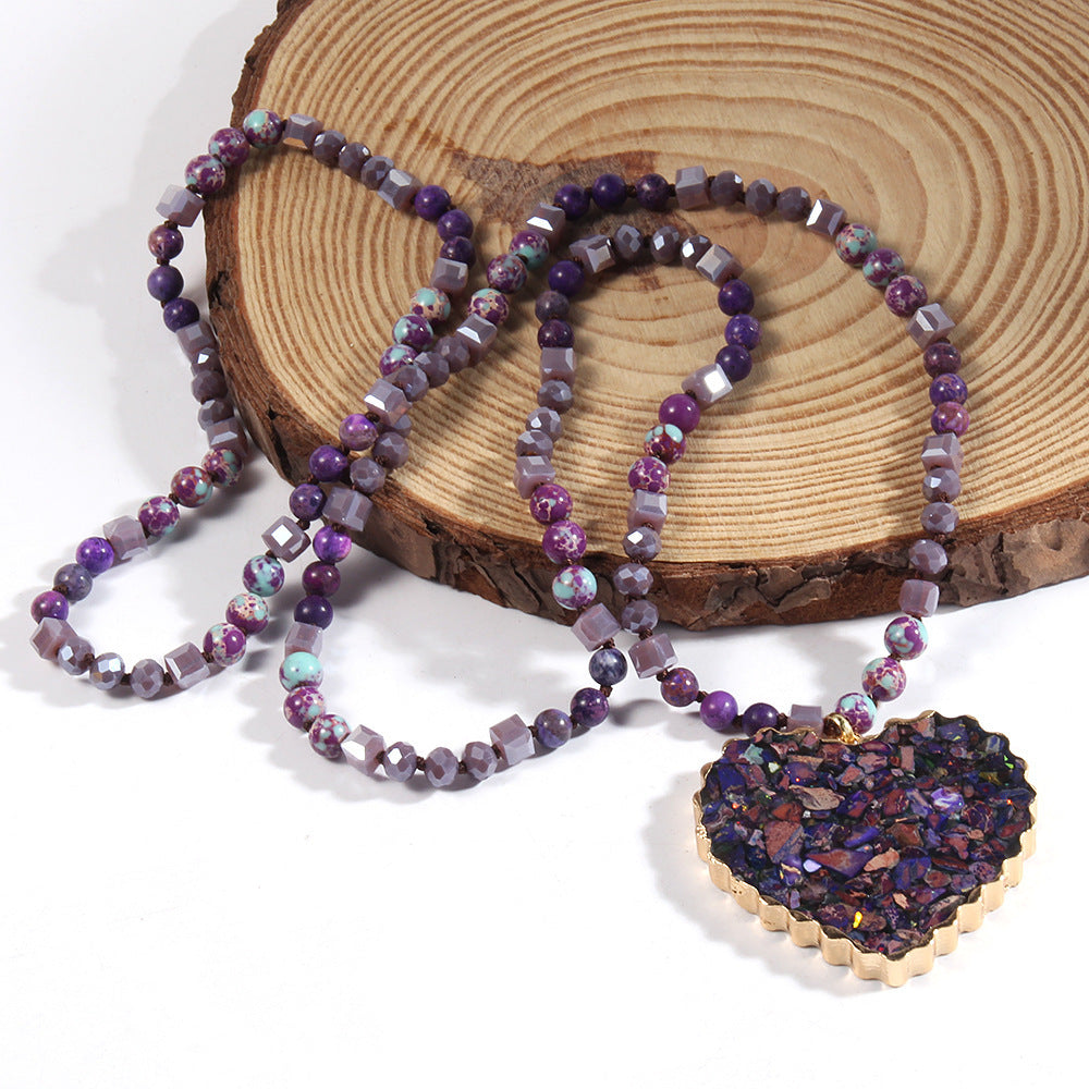 Glass Necklace Gravel Heart Pendant Sweater Chain