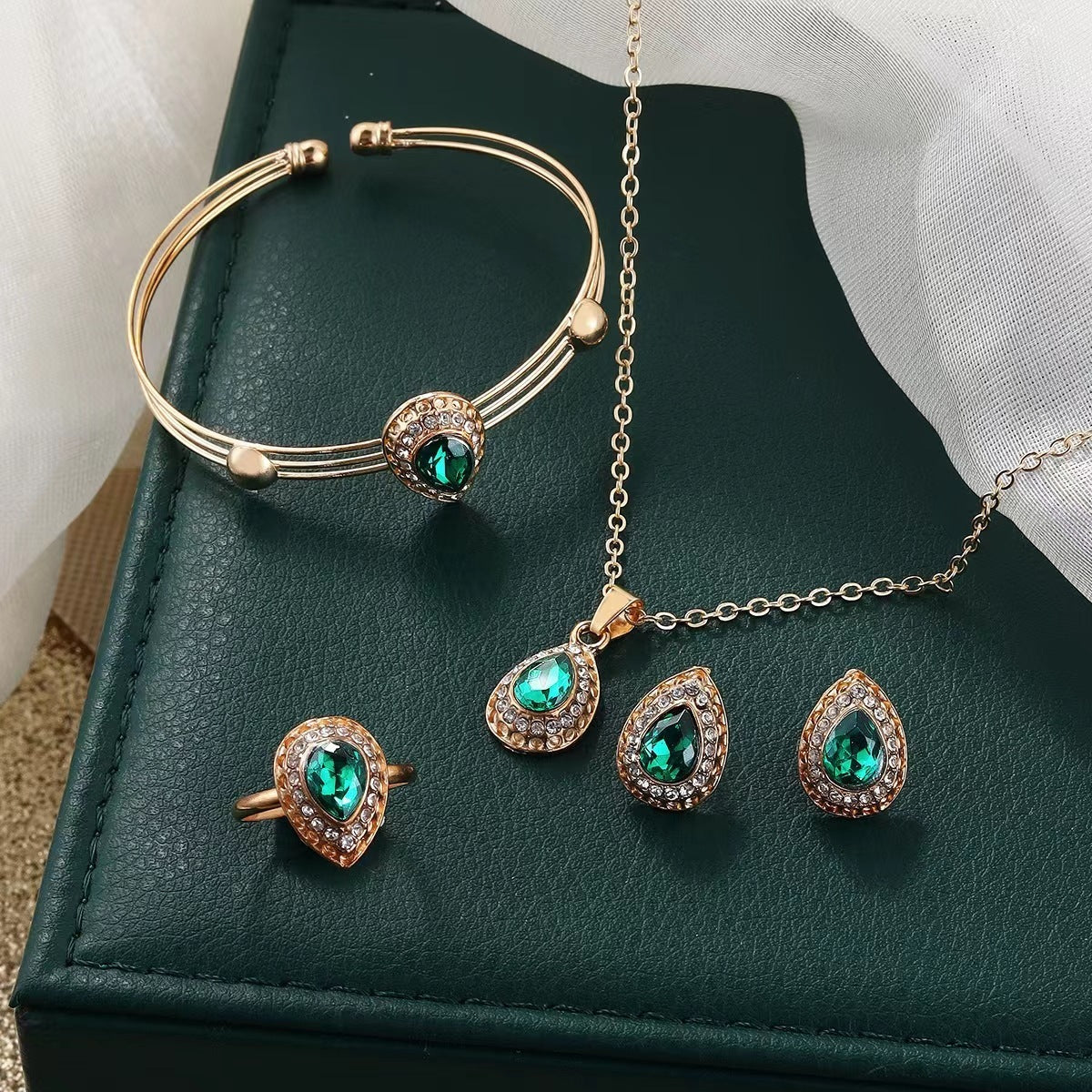 Jewelry Suit Women's Water Drop Gem Series Necklace Earring Ring Bracelet Four-piece Set