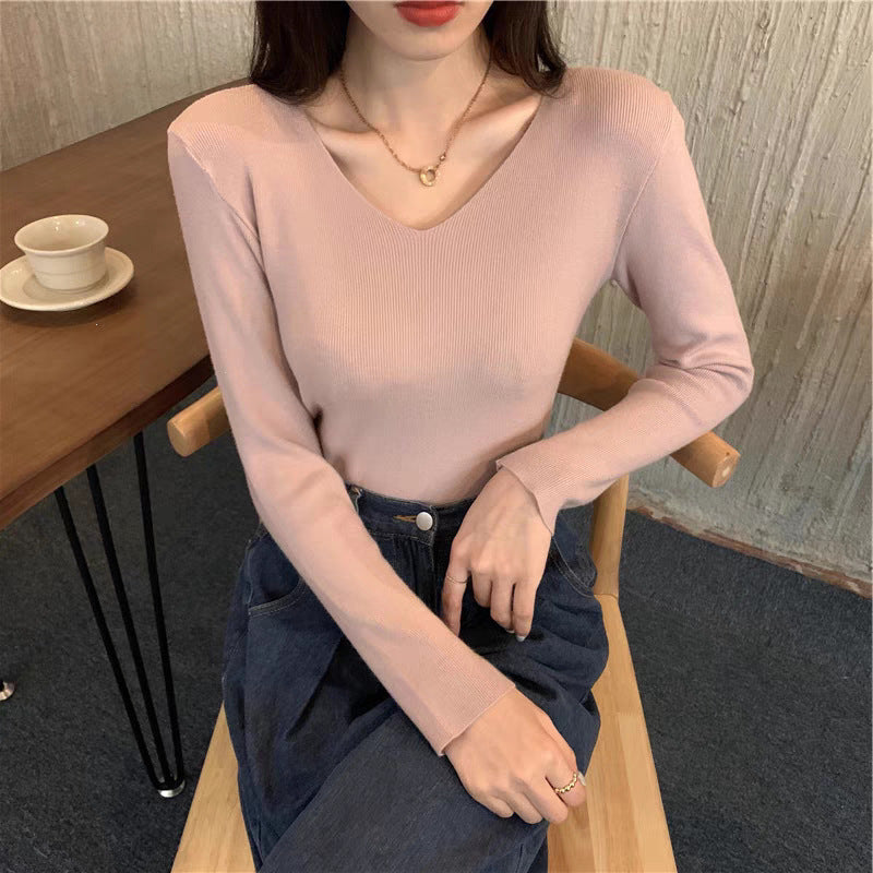 Core-spun Yarn Slim V-neck Long Sleeve Inner Wear Sweater