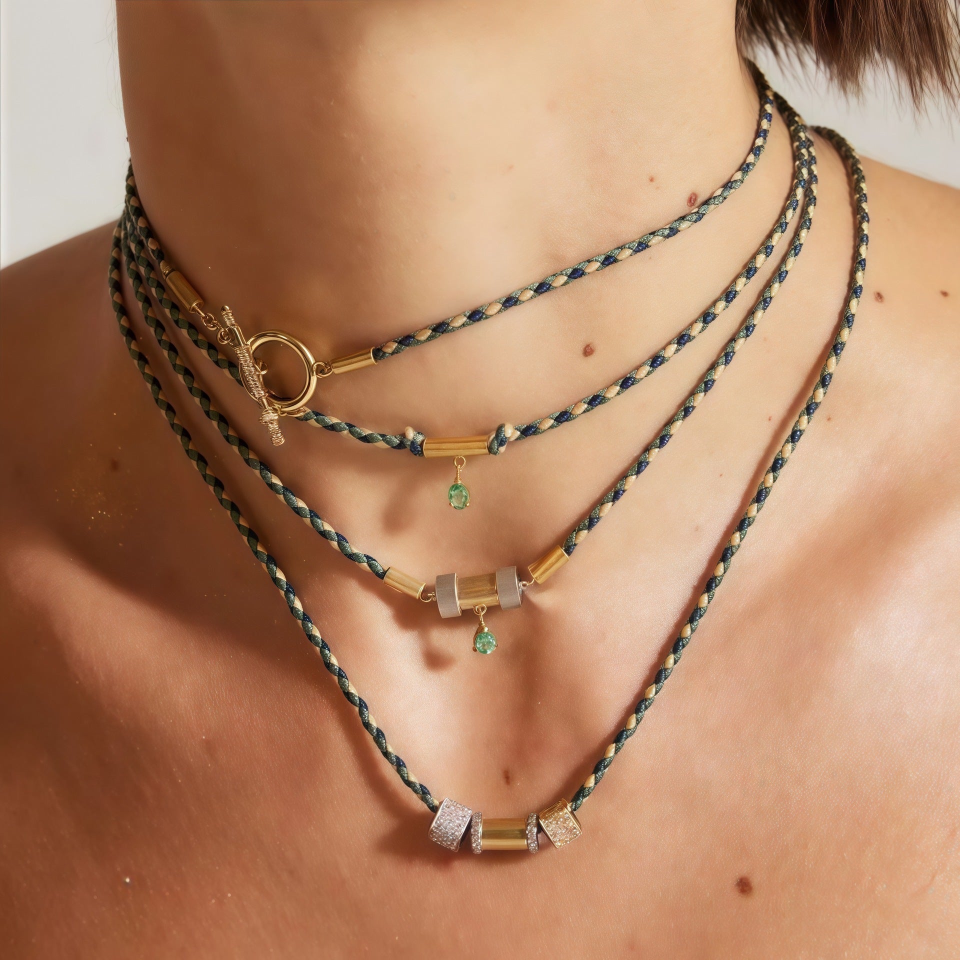 Braid Rope Emerald Pendant Twin Necklace